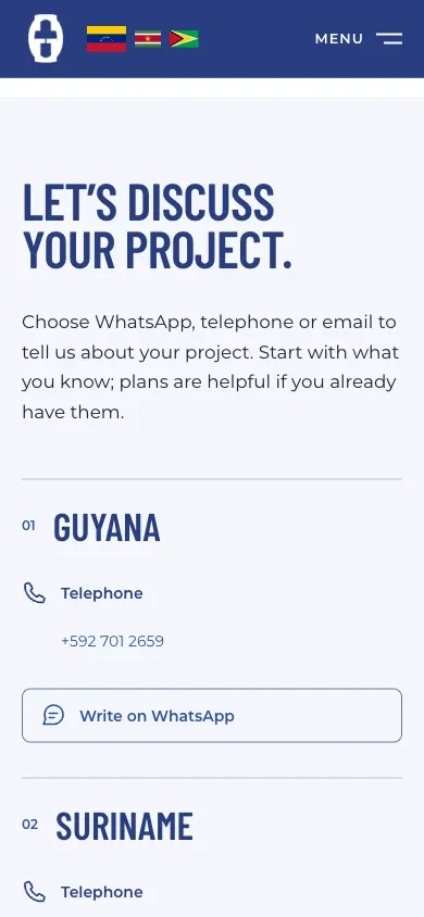 Gideon Group’s mobile contact section with telephone and WhatsApp options for Guyana and Suriname.