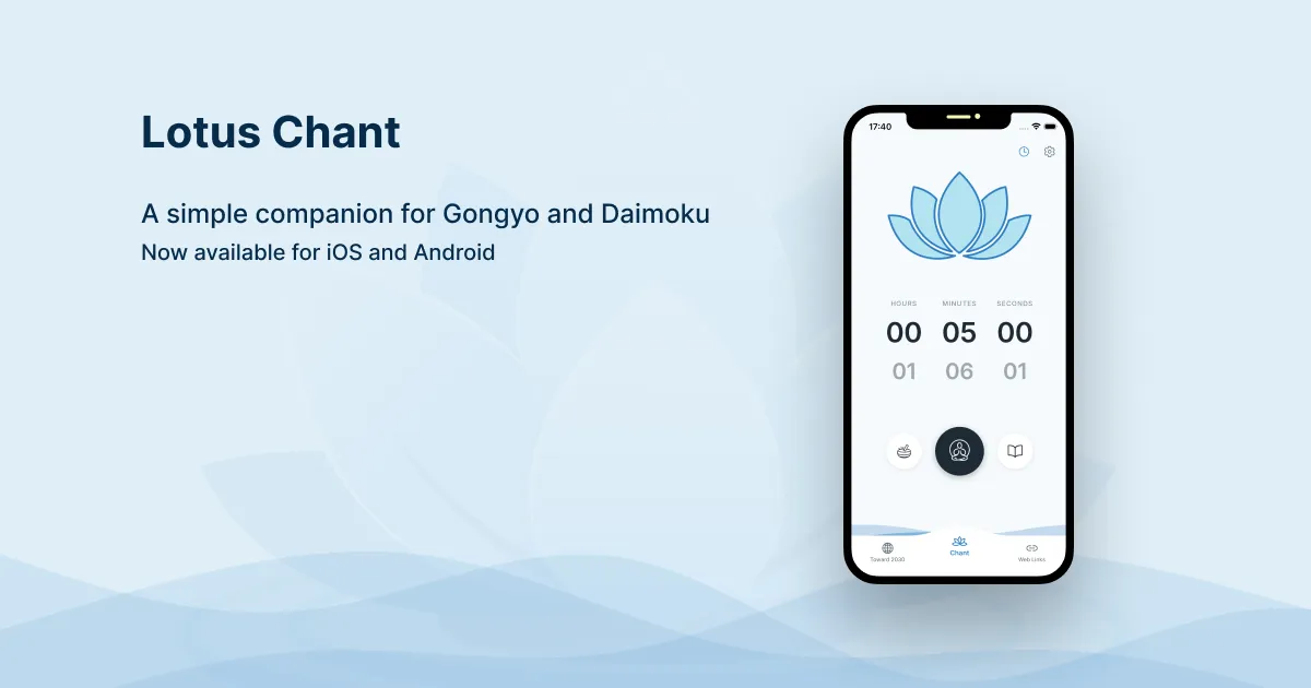 Lotus Chant displayed on a phone beside a description of the app.