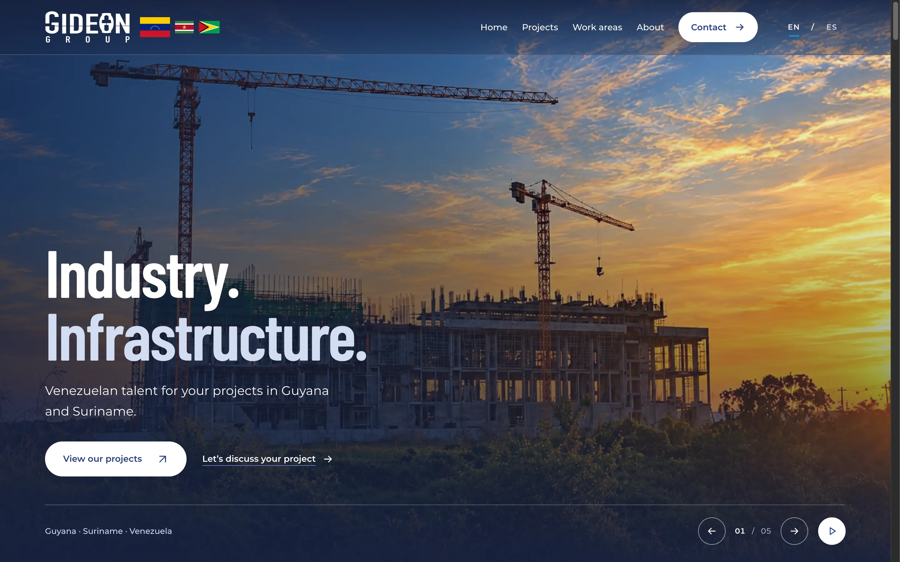Gideon Group’s landing page with a hotel construction photograph at sunset, navigation, and project inquiry links.
