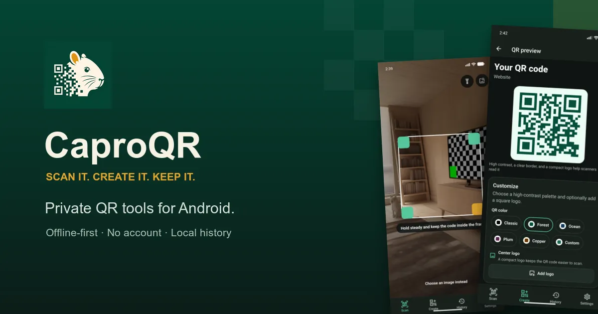 CaproQR branding beside its scanner and QR customization screens.