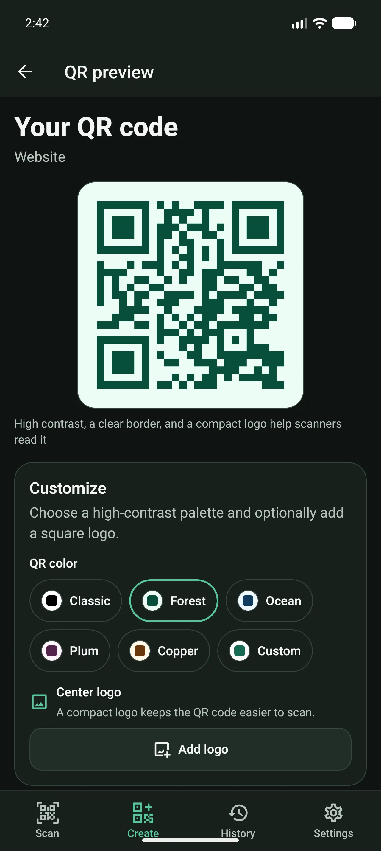 CaproQR preview showing a generated QR code and Forest color customization.