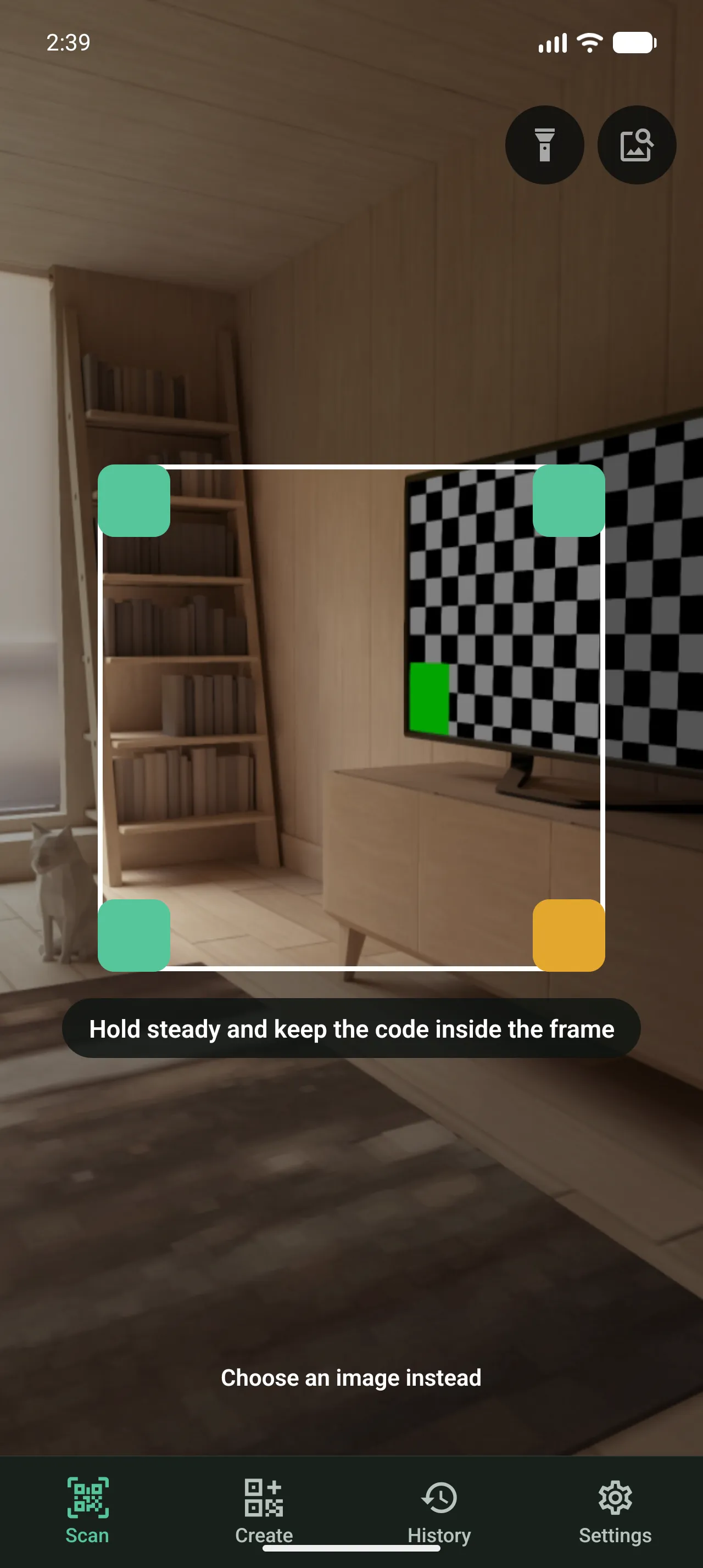 CaproQR live scanner framing a code on an Android device.